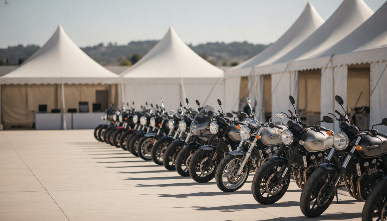 Motocicletas estacionadas em fila num pátio aberto com tendas brancas ao fundo durante o dia.