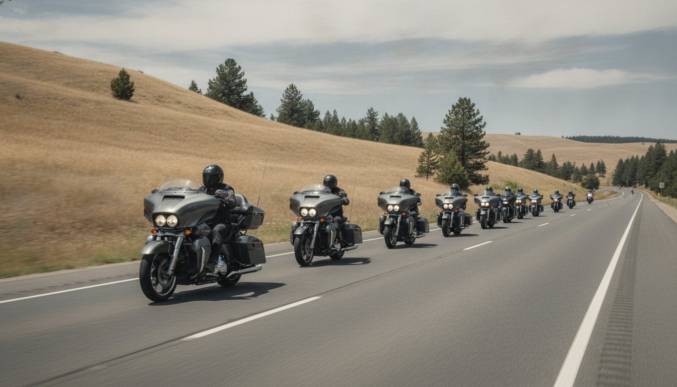 Grupo de motociclistas viajando em formação escalonada por uma rodovia de pista dupla durante o dia.